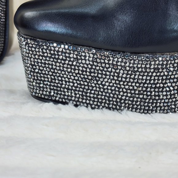 Nikki Black Leatherette Rhinestone Platform Chunky Heel Ankle Boots - Picture 11 of 17